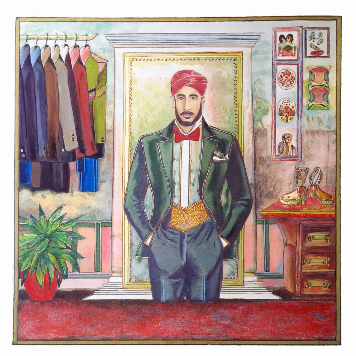 Illustration of a man in a green velvet tuxedo and red turban in a tailor's room